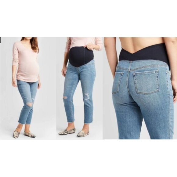 Isabel Maternity Over Belly Cropped Distressed Straight Maternity Jeans Blue 14 - Picture 1 of 12